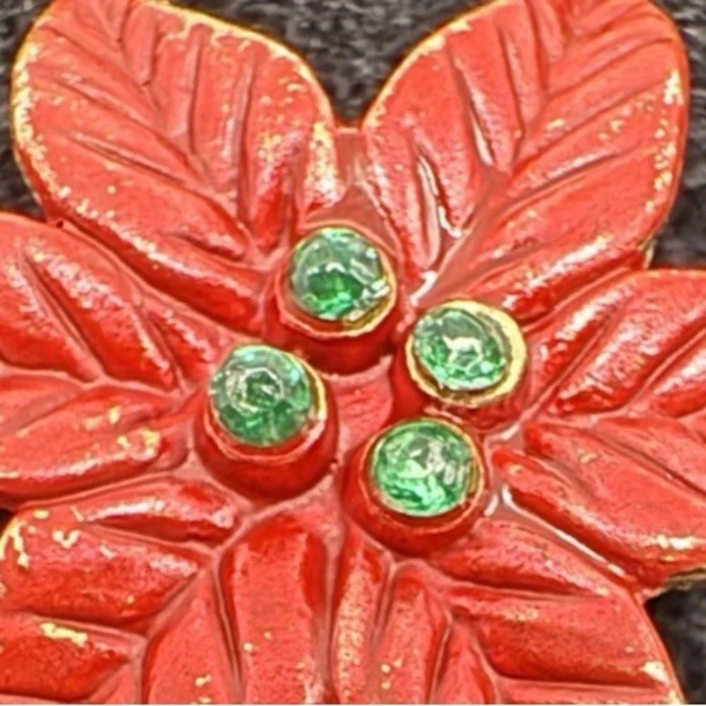 Vintage Poinsettia Brooch Red Enamel Green Rhinestone Gold Tone Christmas Pin Pe